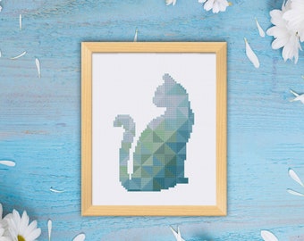 Geometric Blue Cat cross stitch pattern, modern baby nursery kitten animal counted cross stitch, instant download easy hoop art decor