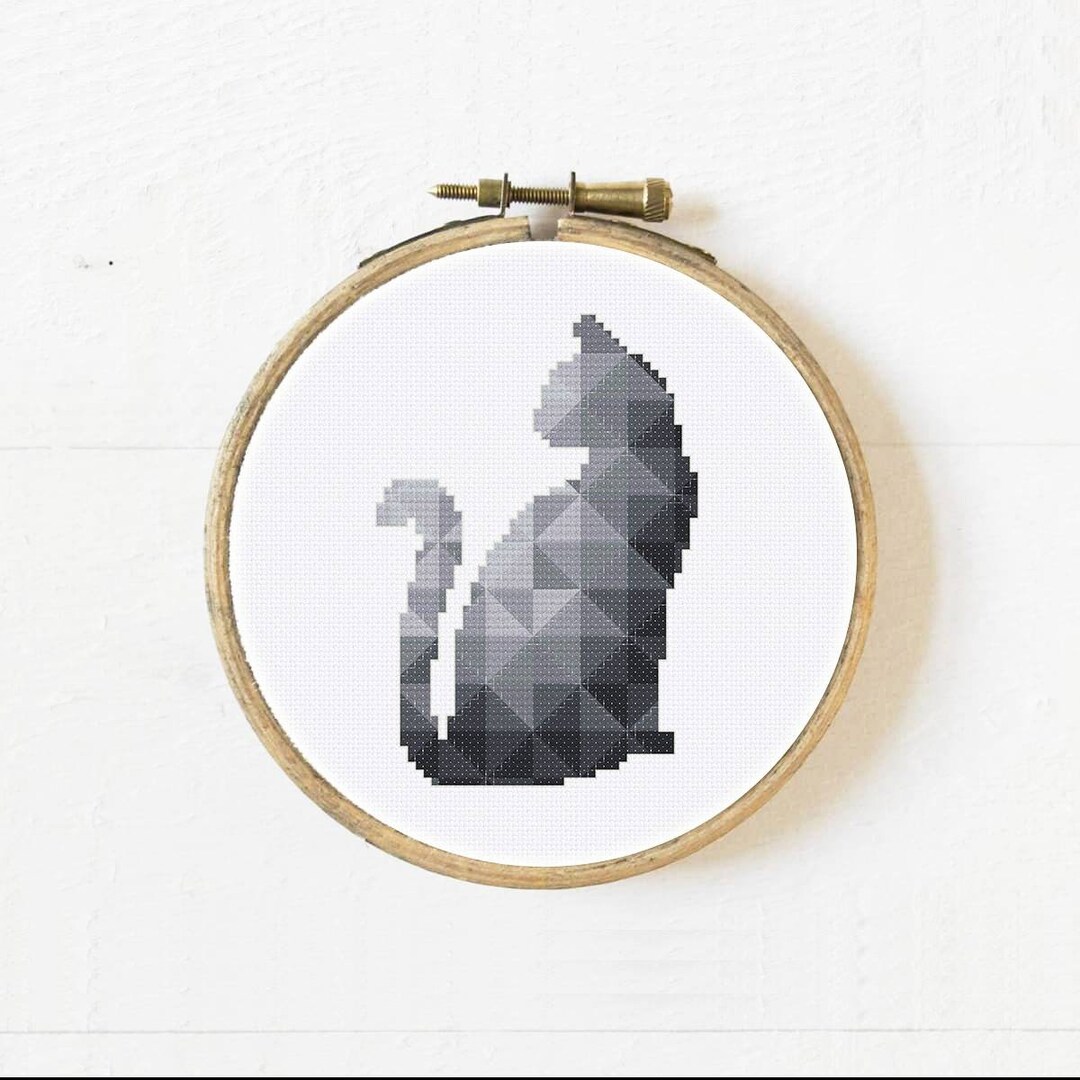 Gray Geometric Cat Cross Stitch Pattern, Modern Baby Nursery Grey