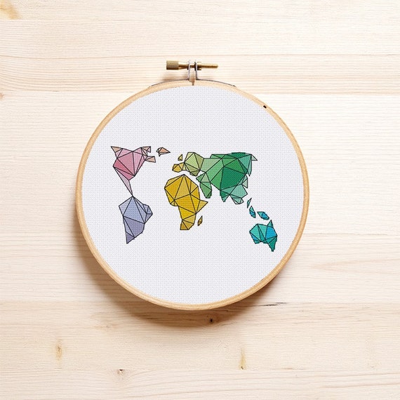 Geometric World Map Cross Stitch Pattern Modern Small Cute Etsy