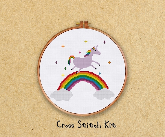 Unicorn on a rainbow cross-stitch kit from Ritacuna