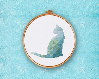 Geometric Blue Cat cross stitch pattern, modern baby nursery grey kitten animal counted cross stitch, instant download easy cute gift idea