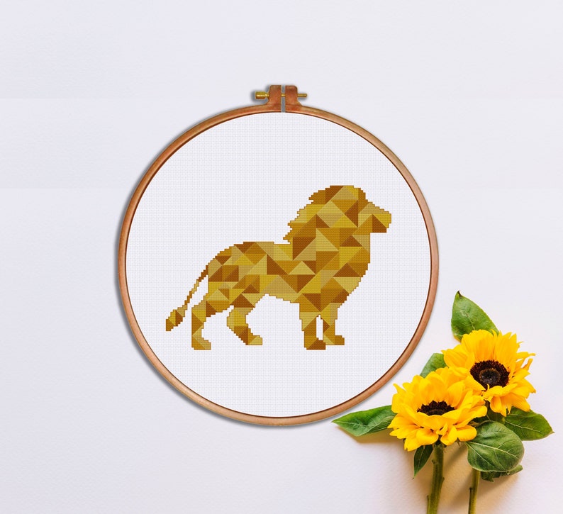 Geometric Lion cross stitch pattern, modern baby nursery minimalist safari animal counted cross stitch, instant download easy hoop art decor image 1