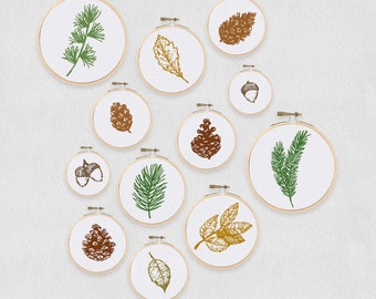 Autumn cross stitch pattern, nature pine cone leaf collection counted cross stitch design, instant download pdf easy diy decor for beginners