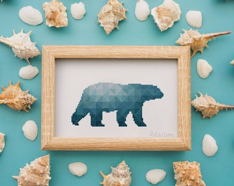 Geometric Polar Bear cross stitch pattern, modern nursery baby animal blue counted cross stitch, instant download easy hoop art wall decor