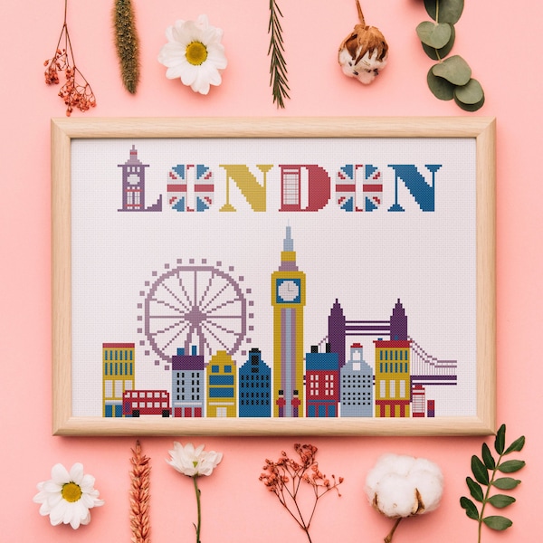 Cute London cross stitch pattern, lovely England Britain Europe travel dream counted design, instant download pdf easy hoop art decor gift