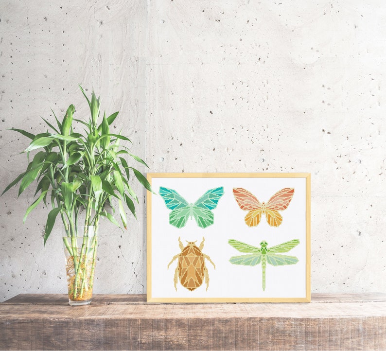 Geometric Insects cross stitch pattern, modern natural minimalist beetle butterfly dragonfly counted cross stitch, instant download pdf easy image 1