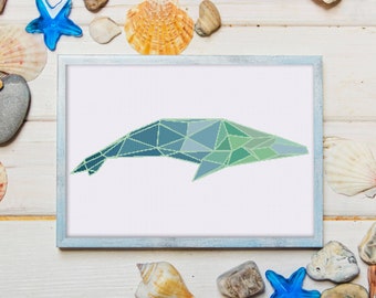 Geometric Whale cross stitch pattern, cute modern baby nursery ocean beach coastal theme fish counted cross stitch, diy wall art decor