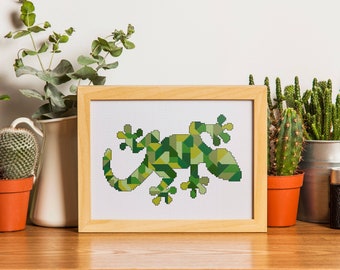 Geometric Chameleon cross stitch pattern, modern green lizard nursery baby animal counted cross stitch, beginner easy hoop art wall decor