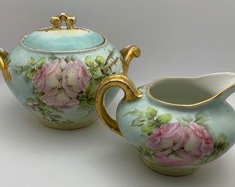 Gorgeous Antique Roses Sugar Bowl and Creamer