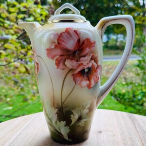 Antique RS Prussia Chocolate Pot with Lid - Hand Painted Orange Poppie