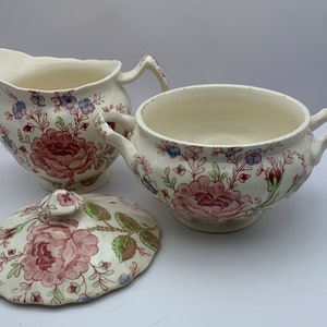 Vintage Rose Chintz Pink Sugar Bowl and Creamer Set