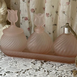 Vintage tulips Pink Frosted Glass Vanity Perfume Set