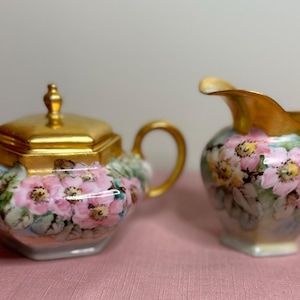 Limoges Hand Painted Sugar Bowl and Creamer Set