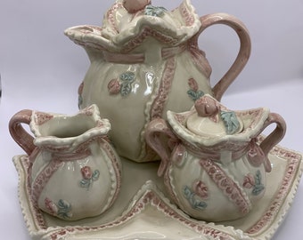 Vintage Servietten Tablett Teekanne Set