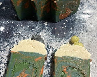 Handmade Artisan Dinosaur cold process soap bar with Shea butter cocoa butter oatmeal clay skin loving oil gift