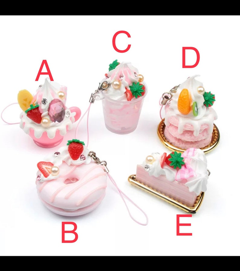 Dessert keychain cell phone chain , cake , donut , slice cake drink, cup , milkshake, pancake cute 2 inch image 1