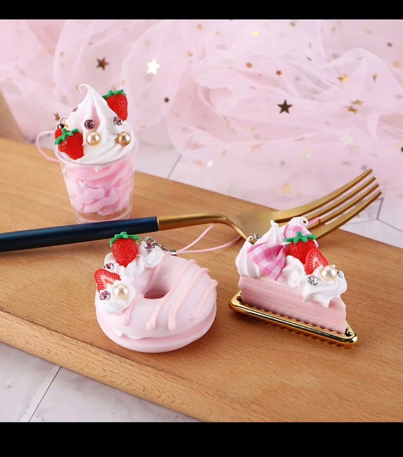 Dessert keychain cell phone chain , cake , donut , slice cake drink, cup , milkshake, pancake cute 2 inch image 7