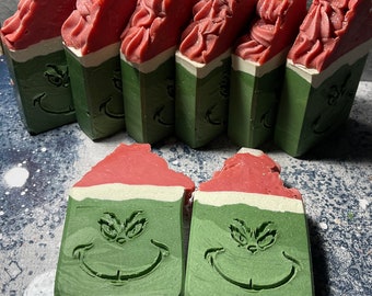 Grinch christmas cold process soap winter collection gift soap bar skin loving oil make with love , Shea butter Cocoa butter artisan soap