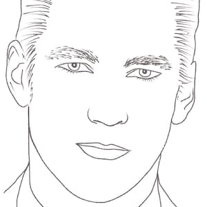 Puede incluir: Un dibujo de línea de un rostro. El dibujo muestra los ojos, la nariz, la boca y la barbilla. La persona tiene el pelo corto.