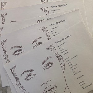 May include: A printable female face chart with sections for skincare, base, concealer, powder, eyeshadow, eyeliner, mascara, brows, blush, bronzer, highlighter, lips, and brushes. The chart includes a line drawing of a woman's face.