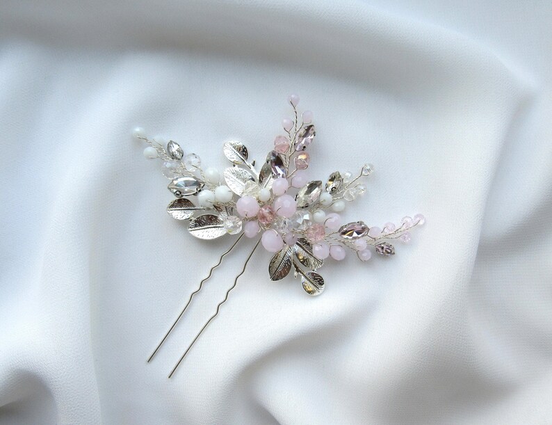 Bridal White Hair Pins With Pink Beads Wedding Accessories Etsy