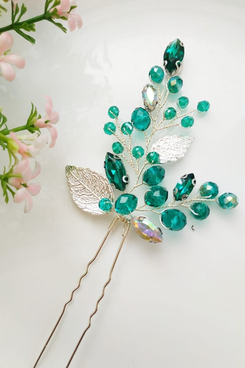 Bridal emerald hair pin Wedding green hairpin for bride Etsy