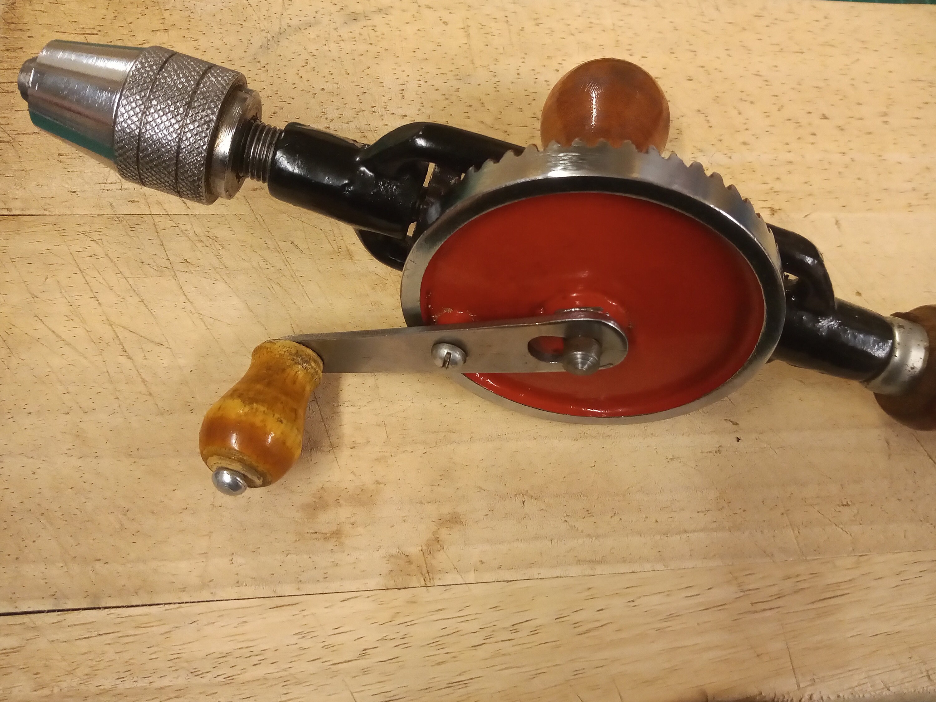 Double Pinion Hand Drill 290mm Hardwood Handles 6mm, 3 jaw Chuck Great ...