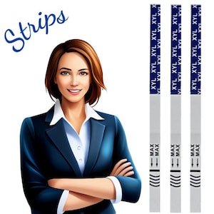 May include: Three white pregnancy test strips with blue markings. The strips have the words "XYL XYL XYL XYL XYL X" and "MAX" printed on them.