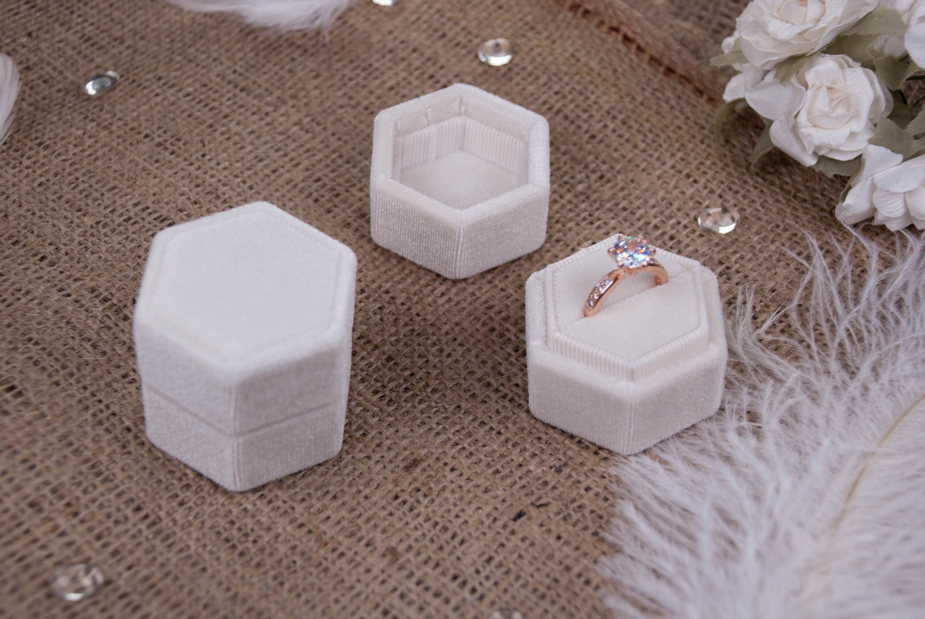 Hexagonal velvet ring box White velvet Vintage ring box Etsy