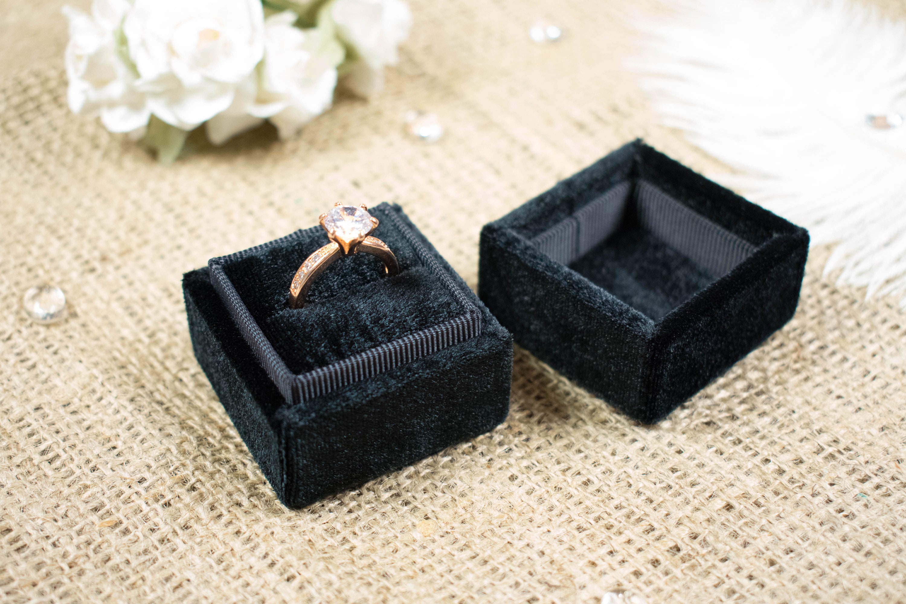 Square velvet ring box Black velvet Box for three rings Etsy