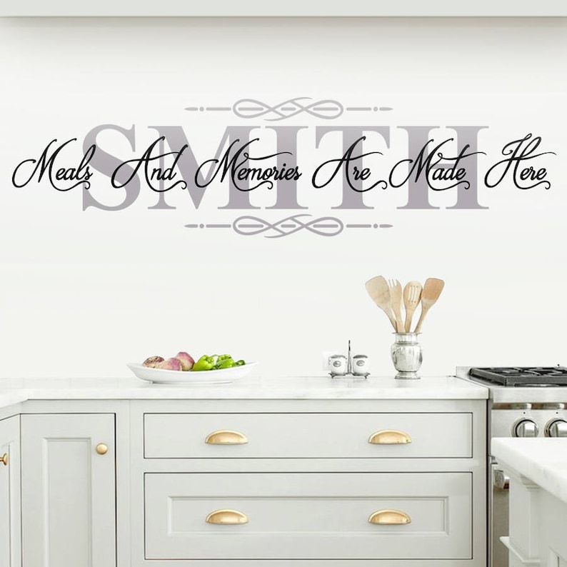 Vinyl Sticker Sayings Personalized Kitchen Wall Decal Quote Art Meals and Memories are Made Here Decor Lettering Family Name