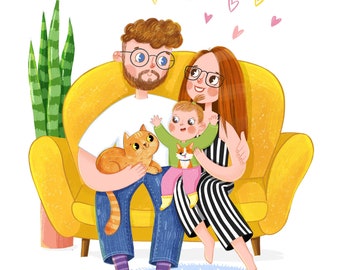 Custom Family Portrait from Photo, Cute family portrait with pet, Personalized family drawing, Pet portrait, Best Family Gift