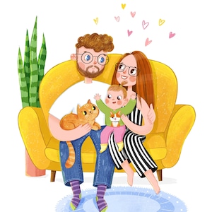 Personalisiertes Familienportrait vom Foto, Süßes Familienportrait mit Haustier, Personalisierte Familienzeichnung, Haustierportrait, Bestes Familiengeschenk