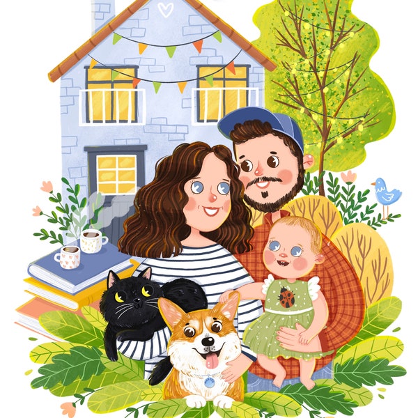 Mother’s Day Gift, Custom family portrait with pet, Valentine's Day gift, Personalized family drawing, Couple portrait, Love story