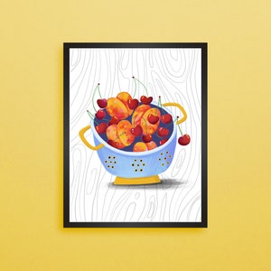 Impresión de melocotones y cerezas A3, póster de ilustración de alimentos, póster de cocina moderna con estilo, impresión digital de frutas de verano rústicas