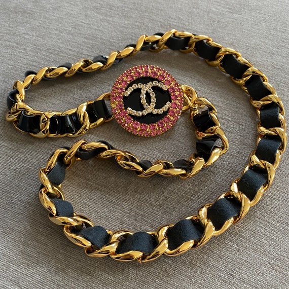 Vintage Chanel leather chain jumbo crystals pendan