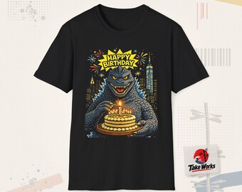 Camiseta de aniversário do Godzilla | Bolo Monstro, Horizonte da Cidade, Fogos de Artifício