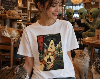 Japanese Cat Selfie With Ufo - Farm Abduction Humor Tshirt