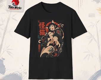 Camiseta japonesa Neco Kitsune, um gato demônio