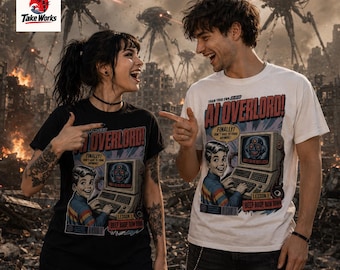 Camiseta retrô com estampa de robô AI Overlord | Camiseta vintage com estampa de computador de ficção científica