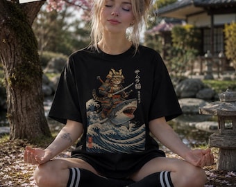 Samurai Cat Riding Shark T-Shirt | Japanese Wave Katana Art