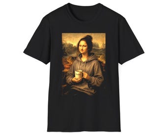 Camiseta com capuz e estampa da Mona Lisa | Mistura de arte vintage, retrato em xícara de café