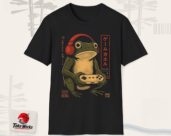 Camiseta unissex de tecido macio com estampa de controle de videogame e sapo gamer.