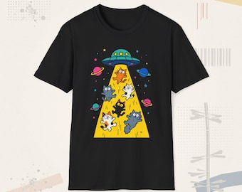 Camiseta com ilustração fofa de gato espacial, abdução alienígena, OVNI e gatos.