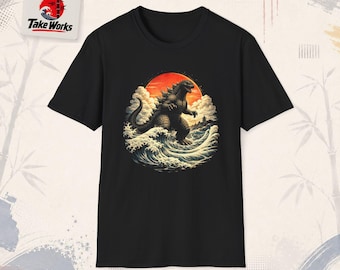 Camiseta japonesa retrô com monstros Kaiju ao pôr do sol