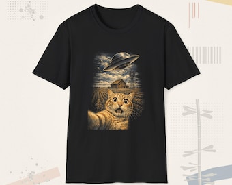 Cat Ufo Selfie Flying  Saucers Over Farm Scene Tshirt