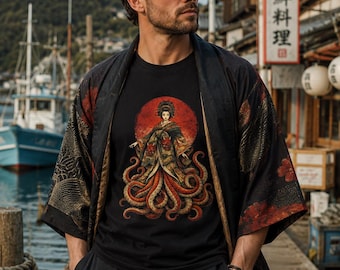Ukiyo-E Octopus Art Geisha Oni Mask Japan Japanese Streetwear T-shirt