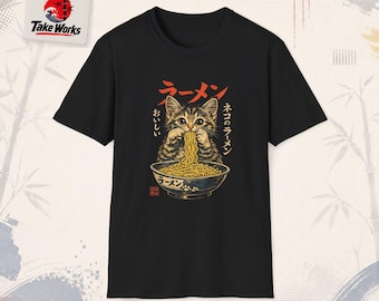 Camiseta Ramen Cat | Camiseta com ilustração de gatinho japonês comendo macarrão