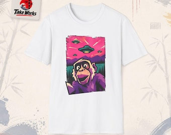 Retro Pink Sky Alien UFOs over Forest Monkey T-Shirt