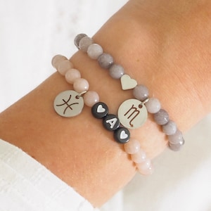 Pulsera de perlas nombre personalizado iniciales letras cuentas de letras cuentas de jade de piedra natural jaspeadas, signos del zodíaco de acero inoxidable plateado